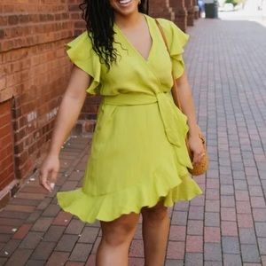 Lulus Sunny Days Ahead Lime Green Ruffled Wrap Dress